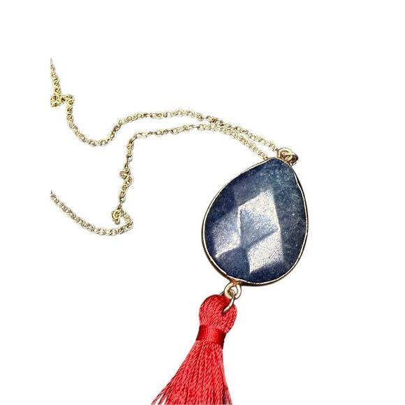 Anthropologie Blue Stone with Gold Chain and Red Tassel Necklace - Picture 3 of 5
